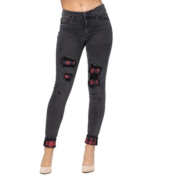 Judy Blue Denim - Judy Blue Black Destroyed Plaid Patch Skinny Jeans
